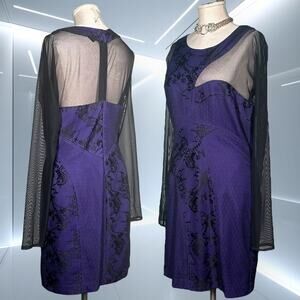 BCBGMAXAZRIA Mini Cocktail Dress Cutout Sheer Mesh Long Sleeves Indigo Purple